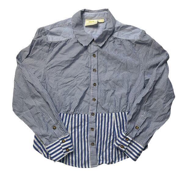 Anthropologie Maeve Blue Stripe Button Up Top Sz 8 Coastal Neutral Cotton - Picture 1 of 6